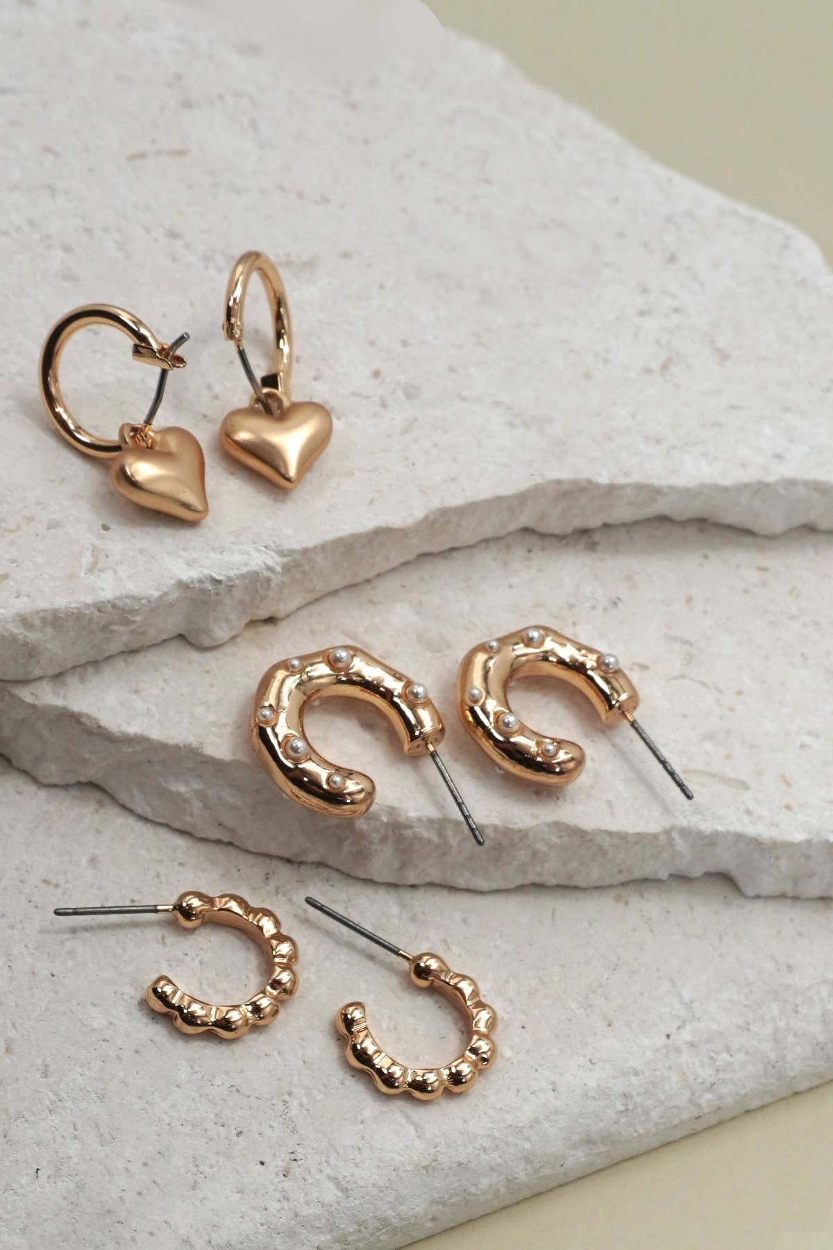 Heart Dangle Trio Set Earrings - Gold