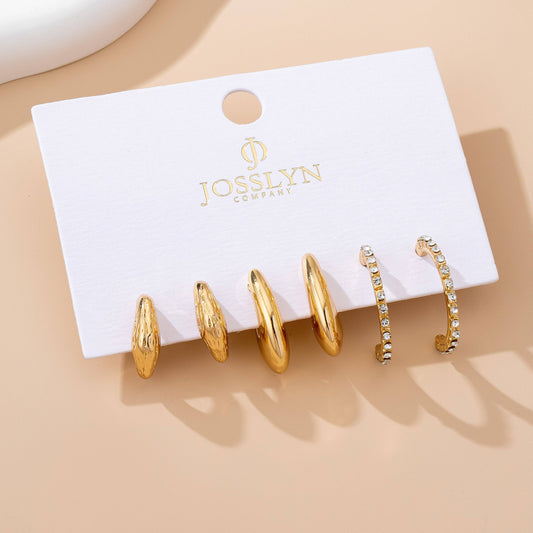 Rhinestone Huggie Hoop Earring Set - Gold