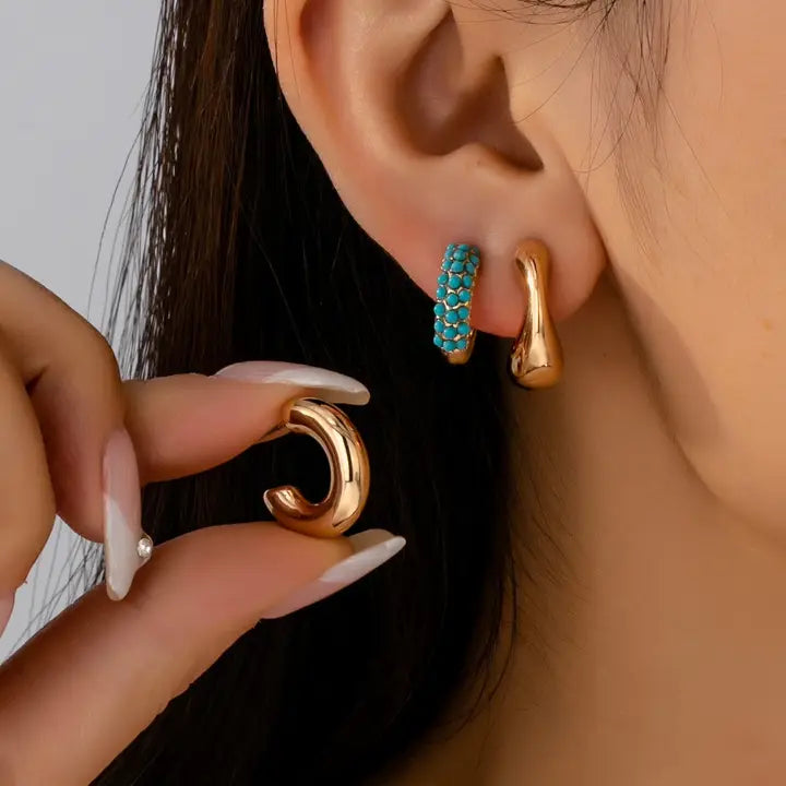 Turquoise Hoop Trio Set - Gold