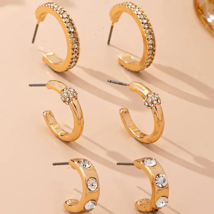 Crystal Huggie Hoop Trio Set - Gold