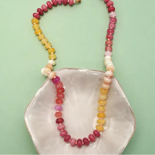 Natural Stone Glass Beaded Necklace - Pinks/Yellows