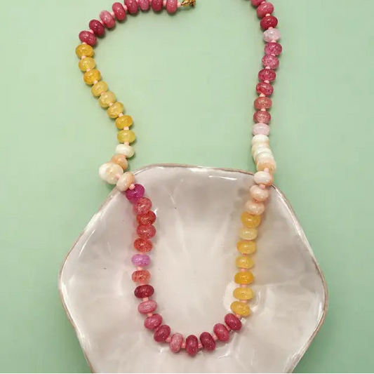 Natural Stone Glass Beaded Necklace - Pinks/Yellows