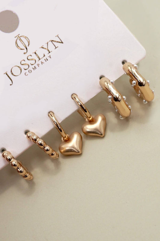 Heart Dangle Trio Set Earrings - Gold