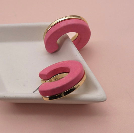 Wood & Metal Hoop Earrings - Pink