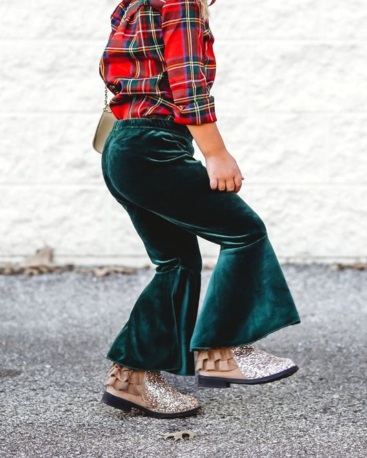 Lina Pleated Velour Bell Bottoms - Hunter